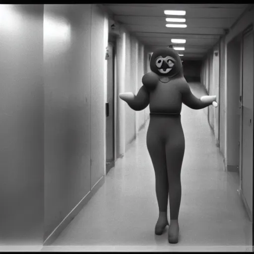 Image similar to teenage girl holds hands with smiley inflatable boyfriend at high school, 1978 color Fellini film, in school hallway, dirty walls, archival footage, technicolor film, 16mm, live action, John Waters, campy