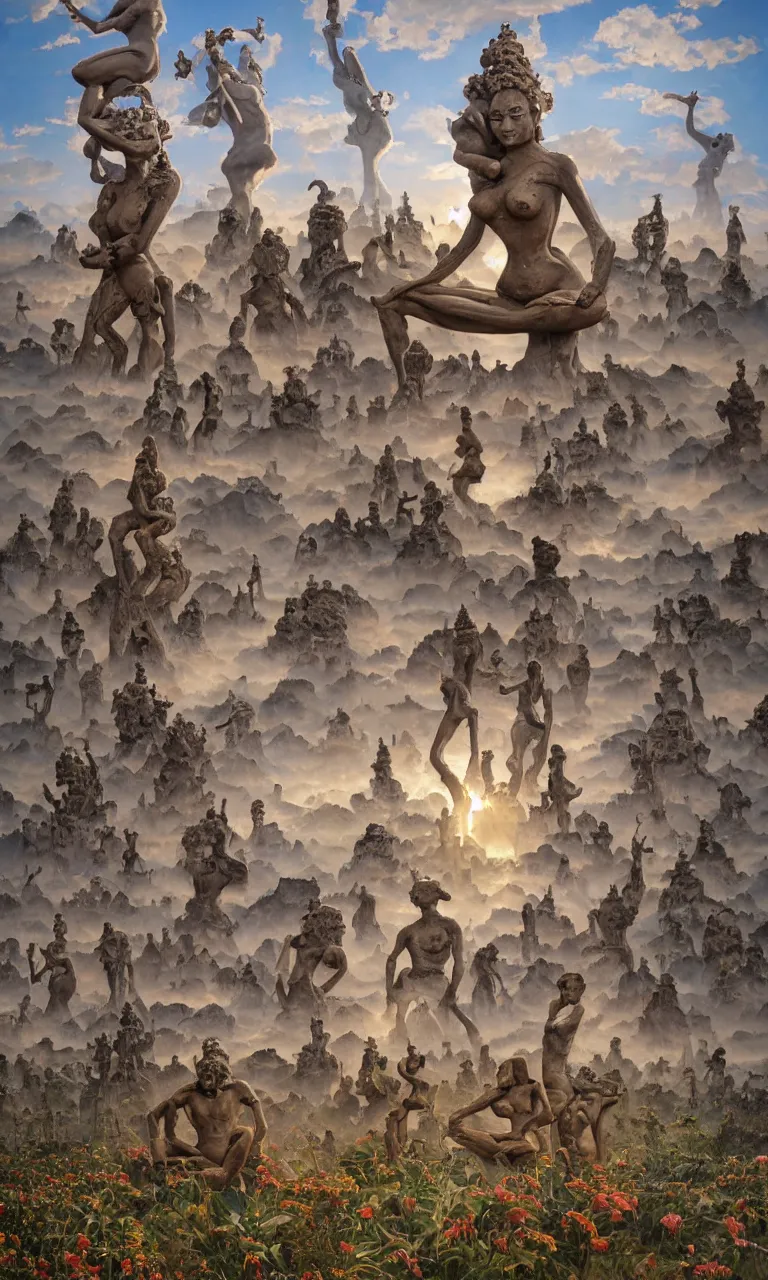 Prompt: massive mess of Kajuraho sculptures melted in a organic form all together become real beautiful human realistic bodies practising kamasutra in the clouds, celestial light, photo real, by Simon Stålenhag, by Stanley Artgerm Lau, Greg Rutkowski, Thomas Kinkade ,Alphonse Mucha, Loish, Norman Rockwell ,trending on artstation , rule of thirds, Highly detailed, anatomically correct, dramatic lighting,