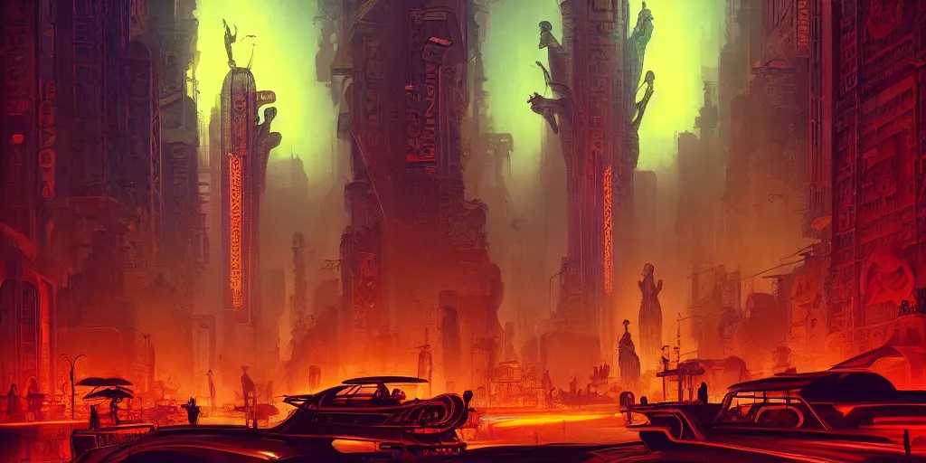 Prompt: concept art, retro - futurist steampunk 3 0 s cairo, towering cityscape, imperious gods, artstation, dramatic neon lighting, glowing pharaonic motifs, bladerunner, by gerald brom, james jean, syd mead, akihiko yoshida, cinematic