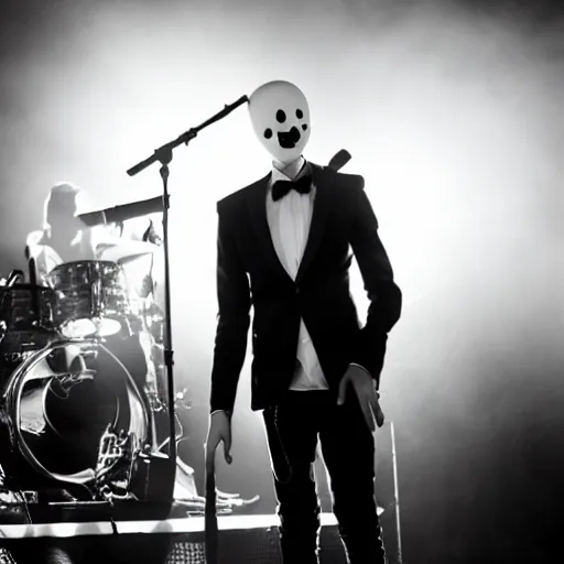 Image similar to slenderman on stage with macklemore, concert, photography, studio lighting,