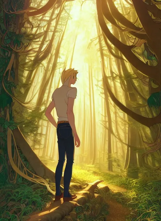 Image similar to book cover design, slender young man with long golden blond hair, shiny and sparkling, from behind, back shot, lost in a magical forest, natural lighting, path traced, highly detailed, high quality, cartoon, digital painting, by don bluth and ross tran and studio ghibli and alphonse mucha