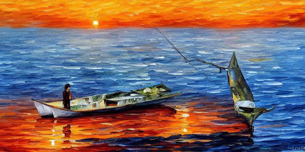 Image similar to rising sun ( ( ( fishing cormorant, fishing boat ) ) ) on the bay, by leonid afremov and moebius