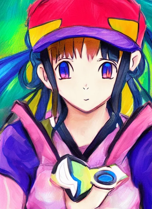 Prompt: a portrait of a female pokemon trainer, rainbow uniform, very anime in impressionist style, anime trending artwork, anime painter studio, by claude monet