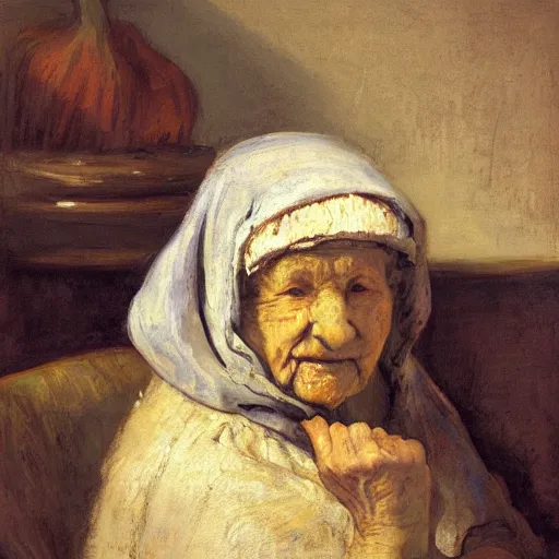 Prompt: A Rembrandt Painting of an old Babushka in the supermarket buying lettuce, high detail, 4k, trending on artstation,