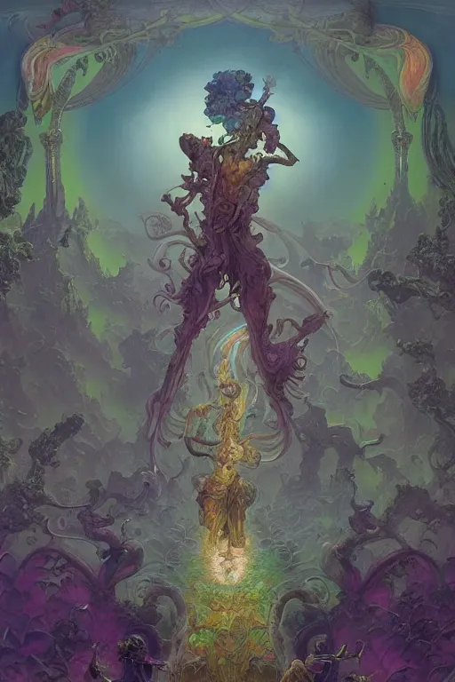 Prompt: the world, tarot card, fantasy drawing made of fractals, ultra realistic, wide angle, art nouveau, intricate details, rainbowshift, vivid colors, highly detailed by peter mohrbacher, wayne barlowe, maxfield parrish, aaron horkey, gaston bussiere, craig mullins