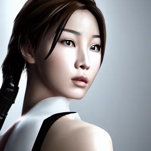 Prompt: Lara Croft as a beautiful korean girl, white hair, 2030 fashion, studio photography, 4k, studio lighting, minimalistic wallpaper background, realistic