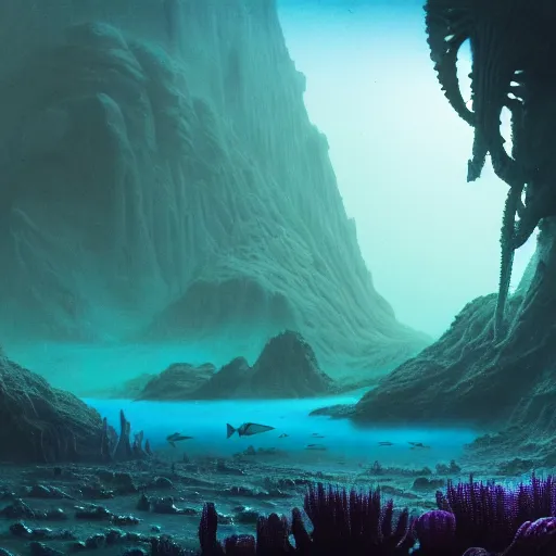 Image similar to a matte painting of alien underwater landscape of lush flora, remnants of old spaceship, alien creatures emerging, morning, by Giger and Ralph McQuarrie and Bruce Pennington, cinematic lighting, ambient light, hyperrealism, nvidia, octane render, 8k, iridescent accents, vray, deviantart