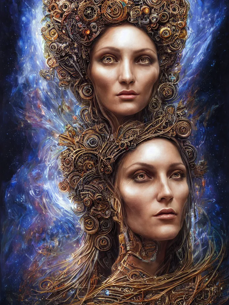Image similar to single face portrait. very complex hyper-maximalist overdetailed cinematic cosmic scifi portrait of an elegant very attractive goddess of the universe by andrei riabovitchev, tomasz alen kopera, oleksandra shchaslyva. Omnious intricate. Secessionist portrait illustration. Goddess of the sky. Focus on face. Artstation. Deviantart. 8k 4k 64megapixel. Rendered by binx.ly.