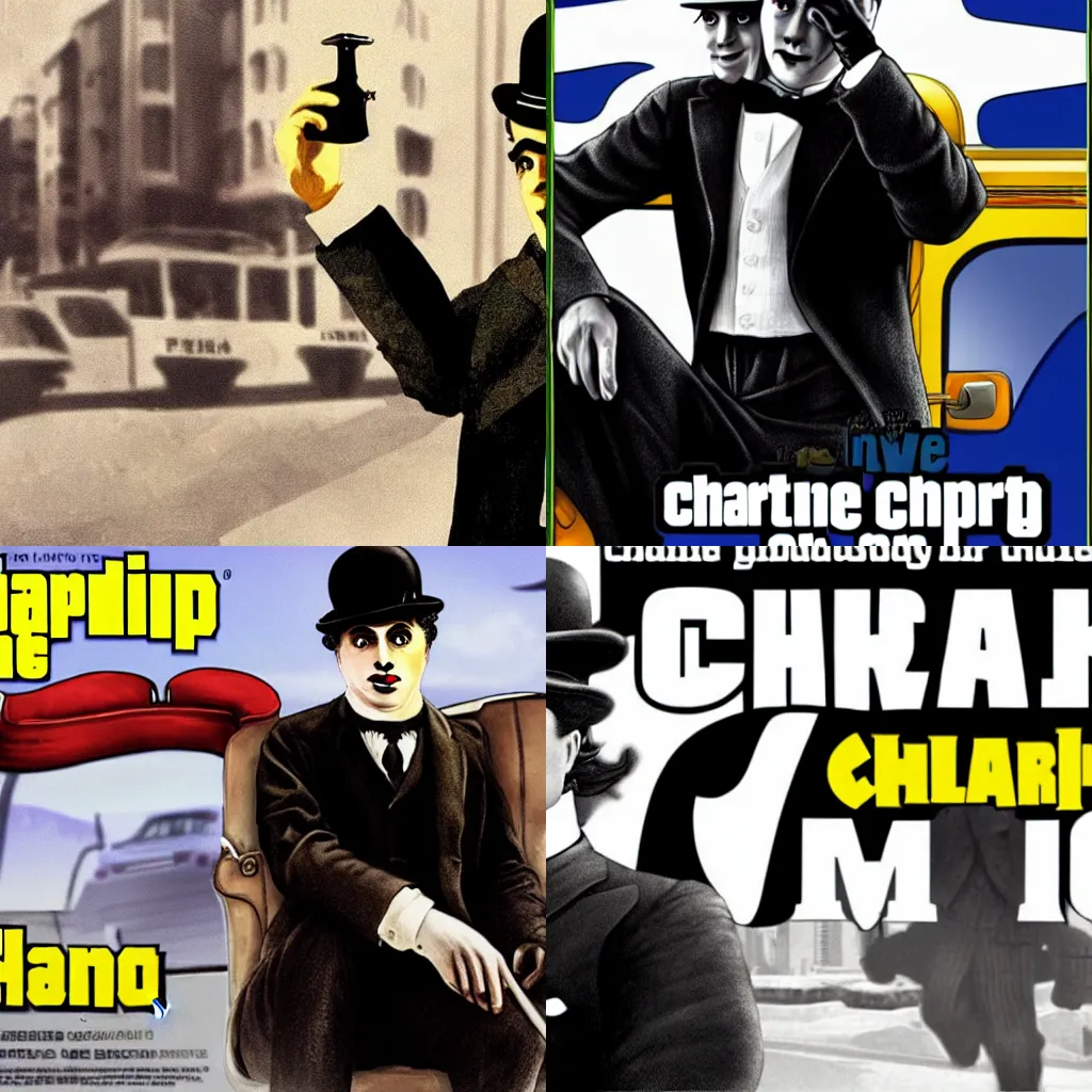 Prompt: Charlie Chaplin in GTA V cover, no text,