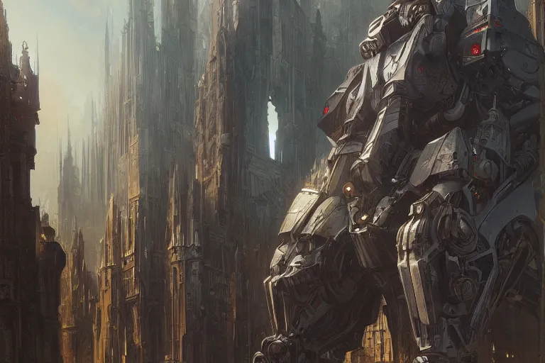 Prompt: ultra - wide shot portrait of big medieval mech, scene of gothic - sci - fi - city background, elegant, digital illustration, detailed, intricate, sharp focus, digital painting, deep focus, artstation, art by artgerm and greg rutkowski and alphonse mucha