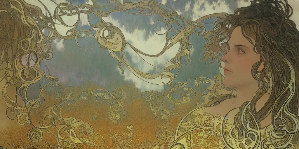 Prompt: photorealistic epic landscape with swirls of mist by alphonse mucha. ominous clouds, intense light beams, strange levitating stones, stones falling from the sky, delicate swirls of mist by alphonse mucha. occult photorealism, uhd, amazing depth, glowing, volumetric lighting, cinematic lighting.