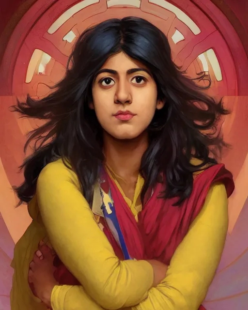 Image similar to A Full View of Kamala Khan played by Iman Vellani, filled with wonder. MCU. John hughes film. masterpiece 4k digital illustration by Ruan Jia and Mandy Jurgens and Artgerm and greg rutkowski and Alexander Tsaruk and WLOP and william-adolphe bouguereau, award winning, Artstation, art nouveau aesthetic, Alphonse Mucha background, intricate details, realistic, panoramic view, Hyperdetailed, 8k resolution, intricate art nouveau