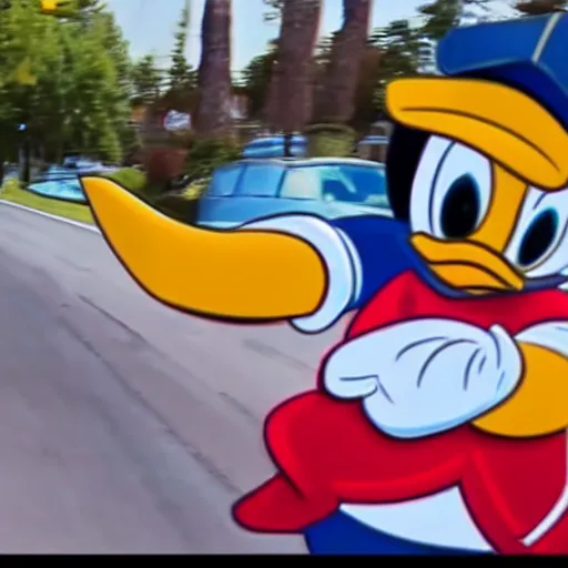 Image similar to Donald duck stealing a car, dash cam footage, wide angle lens