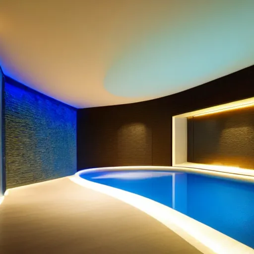 Image similar to a tiled, curvaceous pool room with cool blue lighting and dark shadows