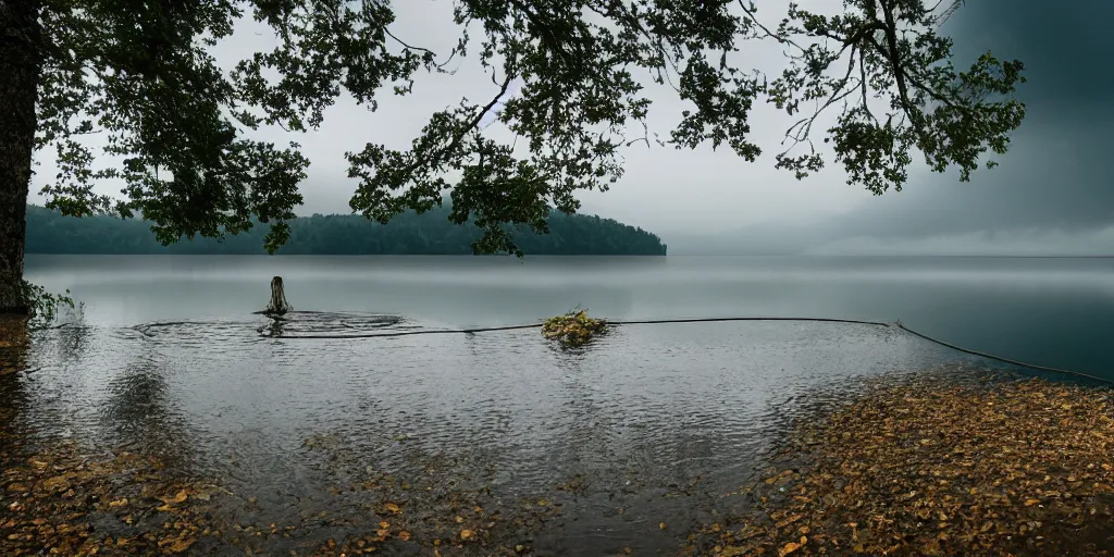 Image similar to a infinitely long thick rope zig - zagging snaking across the surface of the water into the distance, floating submerged rope stretching out towards the center of the lake, a dark lake on a cloudy day, atmospheric, color film, trees in the background, hyper - detailed photo, anamorphic lens