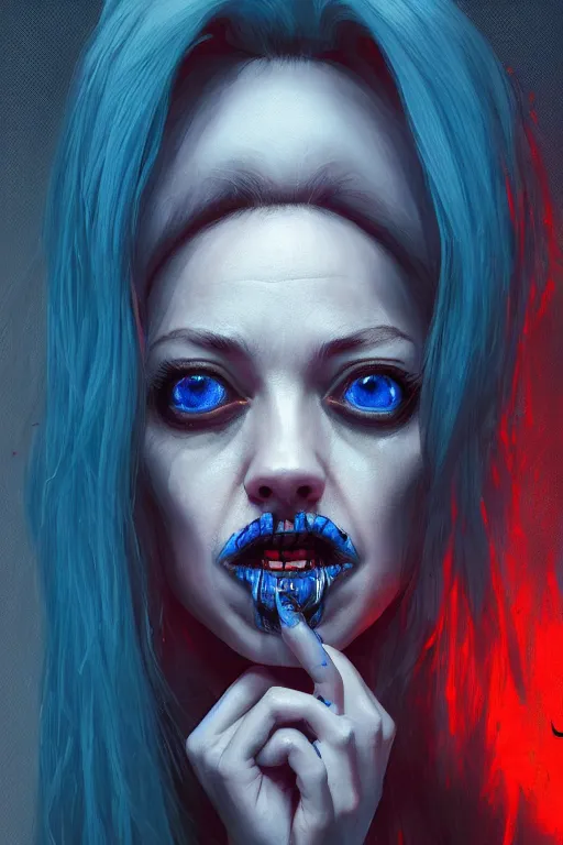 Prompt: portrait of Amanda Seyfried as a creepy horror girl with blue hair , nightmare fuel. terrifying. by Tooth Wu, wlop, dan mumford , trending on artstation, greg rutkowski very coherent symmetrical artwork. cinematic, hyper realism, high detail, octane render, 8k