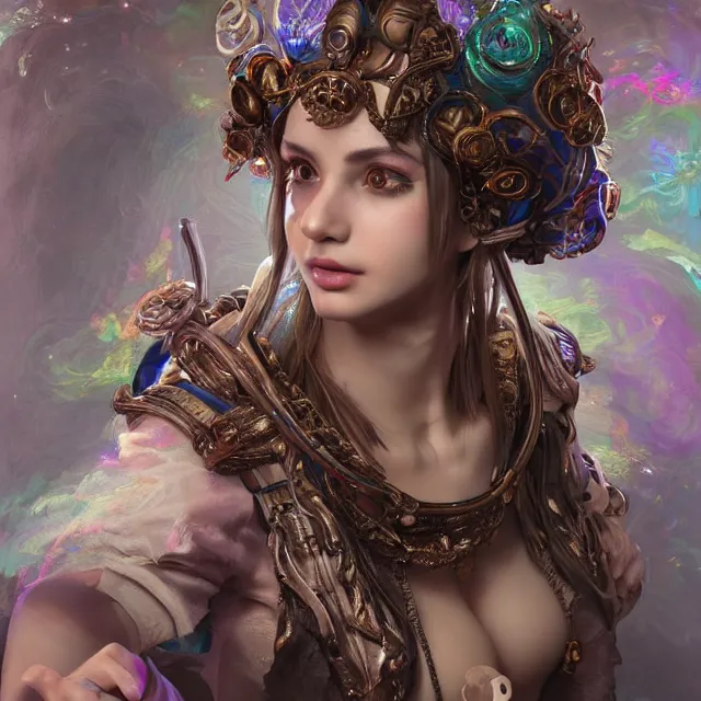 Prompt: studio portrait of neutral good rainbow colorful female cleric bard healer as absurdly beautiful, elegant, realistic young gravure idol looking up, an ultrafine hyperdetailed photograph by kim jung gi, irakli nadar, intricate linework, detailed symmetrical faces, super sharp focus, bright colors, octopath traveler, unreal engine 5 highly rendered, global illumination, radiant light