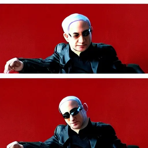 Prompt: benjamin netanyahu as morpheus from the matrix, sitting, blue pill in hand, red pill in hand, black leather suit, sunglasses, black background, dramatic lighting, the matrix, cinematic