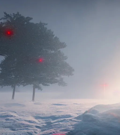 Image similar to the tiny red light in the antartic fog, majestic light, octane render, beauty fog, ethereal glare of the sun, hyperrealistic, epic, masterpiece