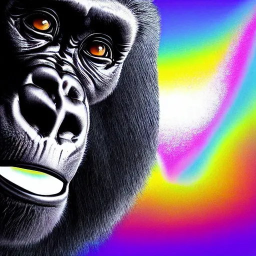 Prompt: a gorilla with iridescent translucent hair, gorilla is floating, head looking up, digital art, ethereal