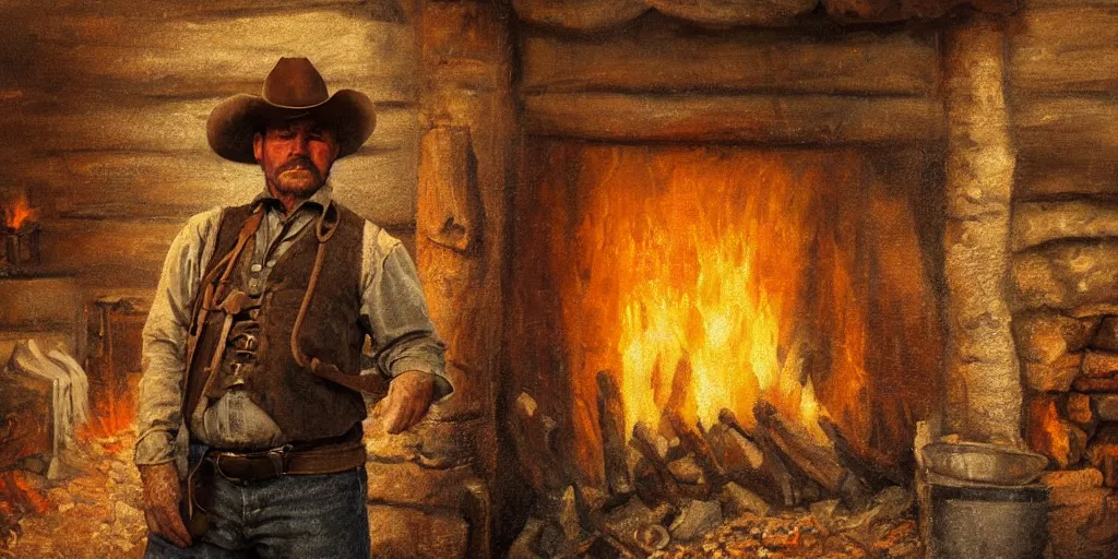 Prompt: in an old west cabin, close up shot a rugged cowboy standing at his fireplace, in the style of Fredrick Remington, oil painting