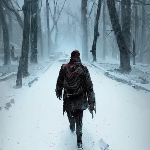 Prompt: a man walking in the snow in zombie apocalypse by greg rutkowski