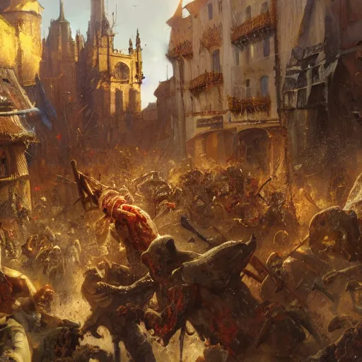 Image similar to zombies attack medieval town, close up, painting by gaston bussiere, craig mullins, j. c. leyendecker, 4 k, 8 k, trending on artstation, artstationhd, artstationhq, highest detail