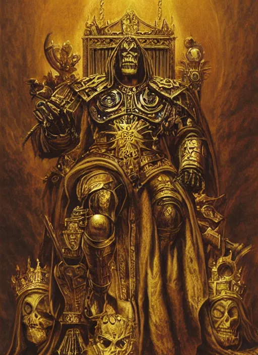 Image similar to omnious academic drawing of wh40k undead but still regal and kingly Emperor of Mankind sits on his enormous golden throne by James Gurney, Zdislaw Beksinski, Alex Gray, Greg Rutkowski, Robert McCall