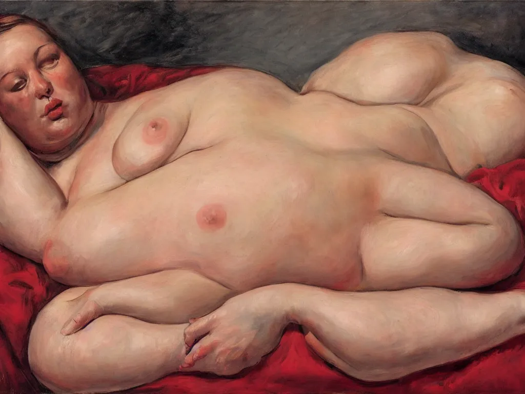 Image similar to Jenny Saville curvy female body on a red bed