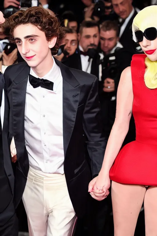 Image similar to timothee chalamet and lady gaga holding hands, beautiful detailed faces, canon eos, featured, flash lighting