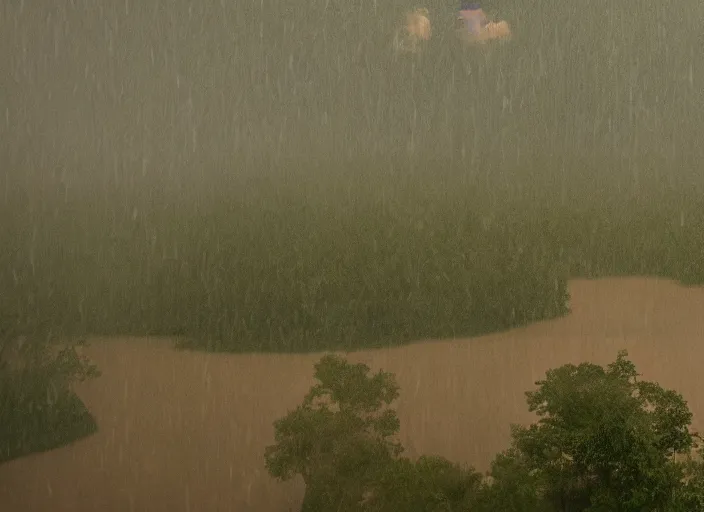 Image similar to A very high resolution image from a new movie, landscape, raining, hot, directed by wes anderson