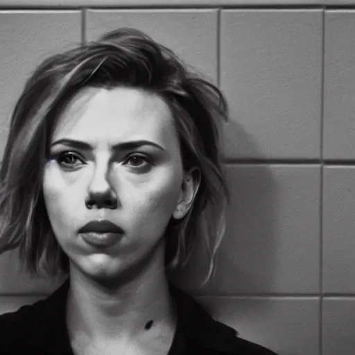 Prompt: scarlett johansson mugshot in jail, canon 3 5 mm photography