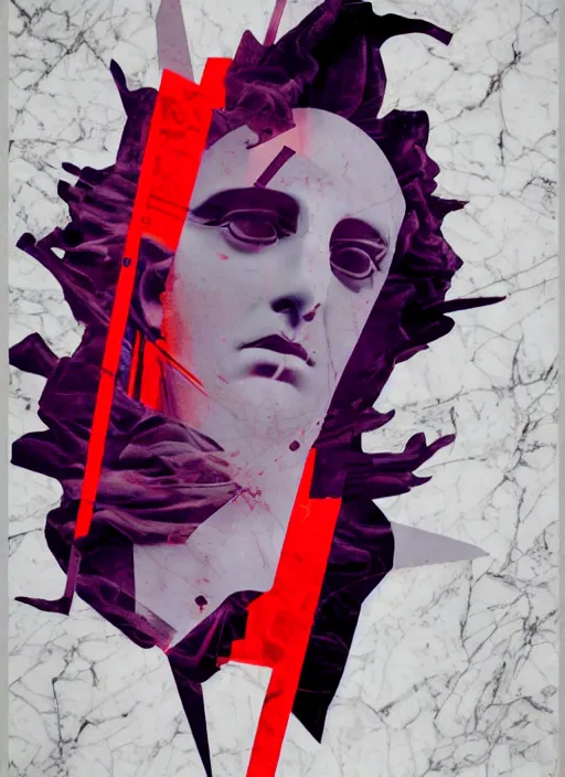 Image similar to elegant dark design poster showing a beautiful greco roman marble statue, black background with very subtle red and purple design elements, bold, powerful, nekro, vito acconci, thin straight purple lines, dark, glitch art, neo vaporwave, gritty, layout frame, square, trending on artstation