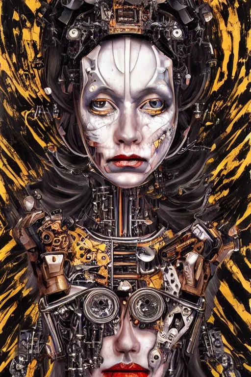 Prompt: queen baroque expressionist cyborg machine goddess, detailed portrait, hd 4k very detailed high dynamic range denoised smoothed upscaled, varnished oil paint on black background with pastel paint splashes in background by katsuhiro otomo