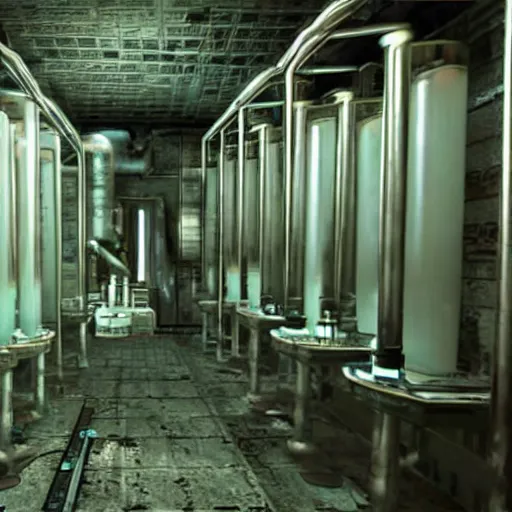 Prompt: secret shady laboratory, awful experiments, test tubes, specimens in water tanks, background of resident evil game