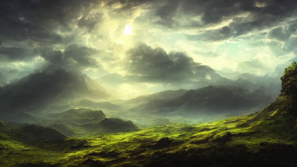 Image similar to incredible desktop background of a landscape, trending on artstation, dramatic lighting