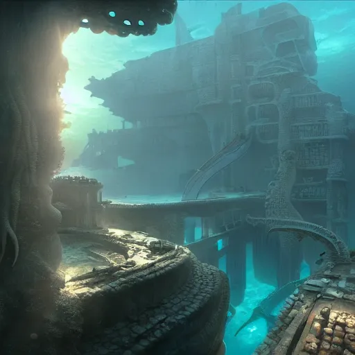 Prompt: the underwater lost city of atlantis, huge octopus nearby, volumetric light, detailed, unreal engine, by greg rutkowski
