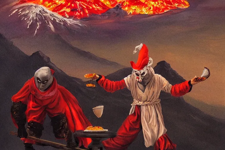 Prompt: a highly detailed pulcinella!!! from naples with pizza!! in the foreground, volcano in the background with smoke, blazing fire and glowing lava, full body, wide angle, an ultrafine detailed painting by rivorio mok, post - apocalyptic vibe, trending on deviantart, whimsical, lowbrow, coherent, sharp focus, octane, masterpiece