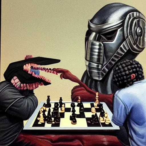 Image similar to beautiful lifelike painting of mf doom in a chess tournament with godzilla, hyperreal detailed facial features and uv lighting, art by ed roth and basil wolverton