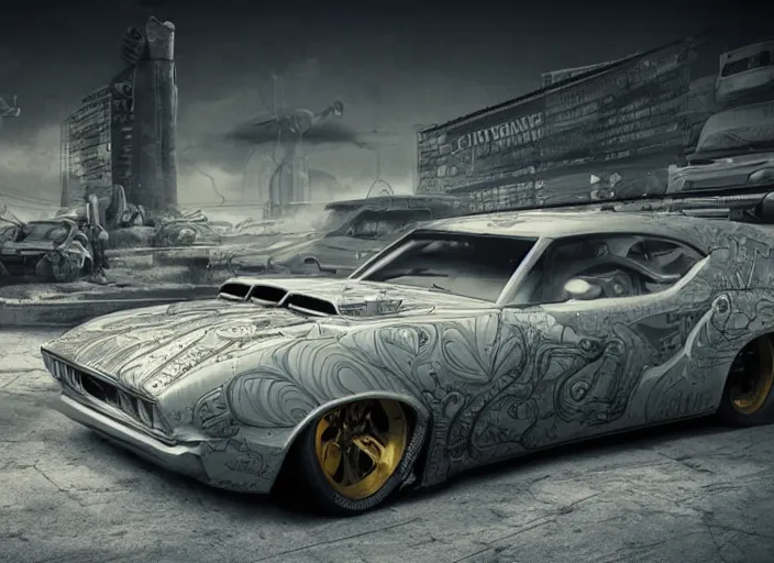 Prompt: cartoon illustration concept art of a muscle car in full intricate detail, ultra detailed, realistic digital art, octane render, 4K, dystopian, micro details