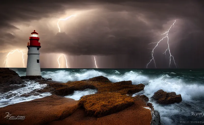 Image similar to a dramatic lighthouse photo with a thunderstorm by ryan dyar, highly detailed, 8 k