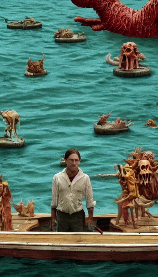 Image similar to man on boat crossing a body of water in hell with creatures in the water, sea of souls, by wes anderson,