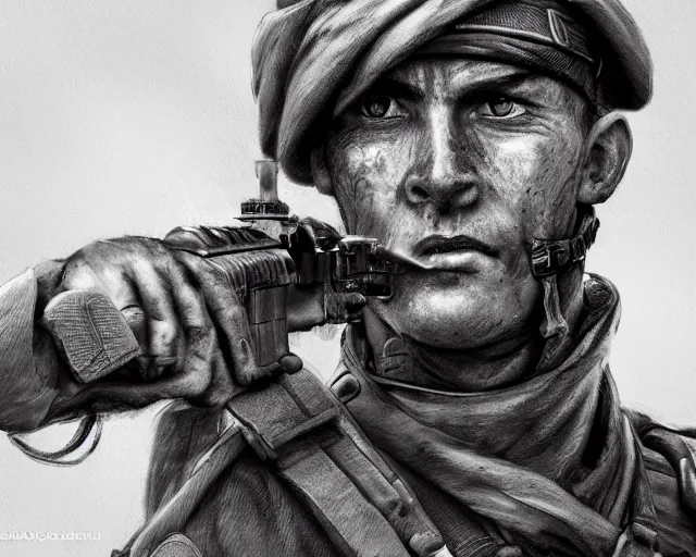 Image similar to A soldier with a hateful face aiming at a cat, long shot, world war 1, close-up, realistic face, beautiful face detail, mature facial features, black and white, amazing digital art, hyper detailed, artstation, in the style of Tony Sart