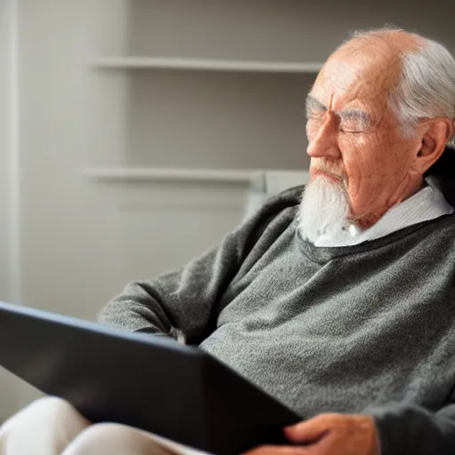 Image similar to elderly man sitting on a casket browsing internet on laptop from a casket casket