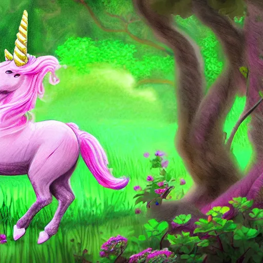 Prompt: a pinkish, purplish, unicorn frolicking, in a field of 4 leaf clovers, being ridden by a leprechaun, being chased by a sasquatch, diffuse lighting, fantasy, intricate, elegant, highly detailed, lifelike, photorealistic, digital painting, artstation, illustration, concept art, smooth, sharp focus, art by John Collier and Albert Aublet and Krenz Cushart and Artem Demura and Alphonse Mucha
