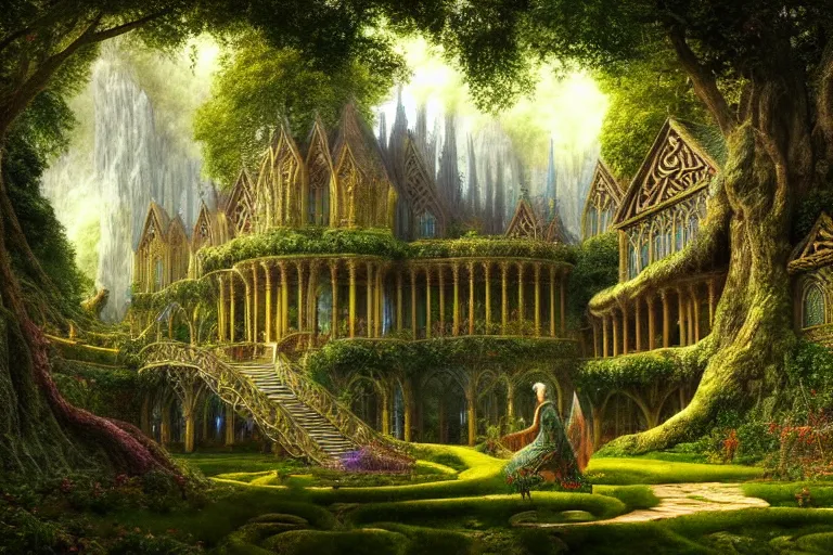 Prompt: a beautiful and highly detailed digital painting of an elven palace in a beautiful garden in a mystical forest, ethereal psychedelic patterns, celtic, intricate details, epic scale, insanely complex, artstation, cgsociety, 8 k, sharp focus, hyperrealism, by caspar friedrich, albert bierstadt, james gurney, brian froud,