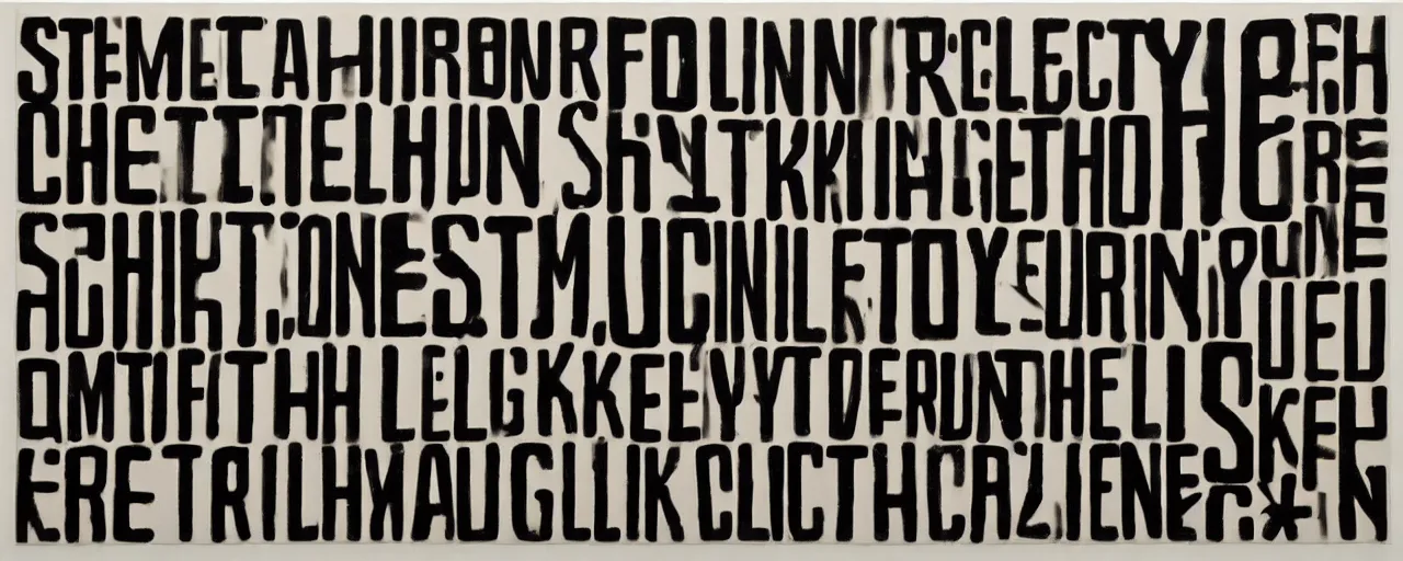 Prompt: a typographic painting of stenciled letters, by Christopher Wool, oil paint, Concrete poetry, abstract, words, Highly Detailed