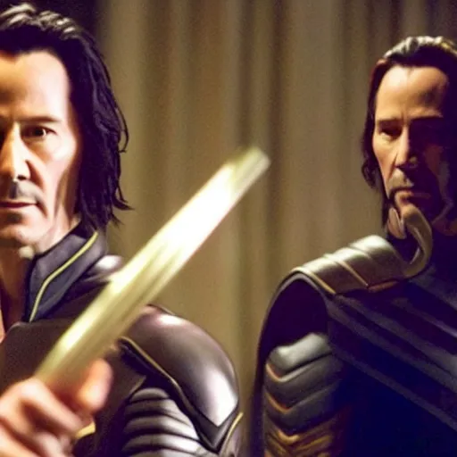 Prompt: film still of Keanu Reeves as Loki holding scepter in Loki tv show