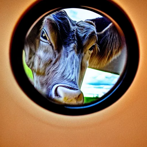 Prompt: creepy picture of cow, viewed through the peephole