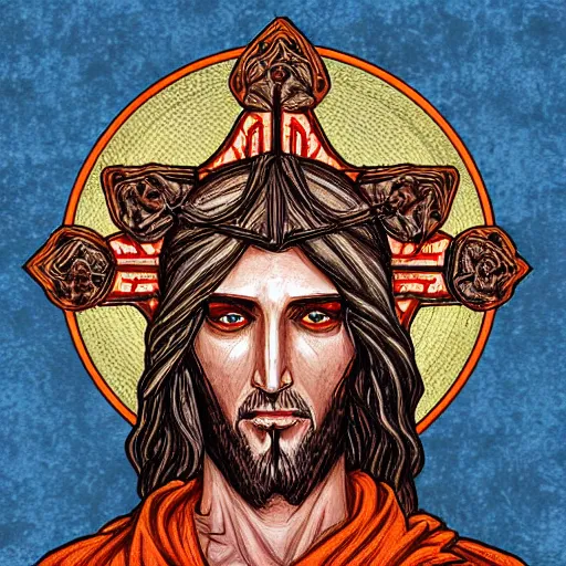 Image similar to blooded jesus christ on mayheim crosses with taliban. symmetrical anatomy, very intricate, digital design, perfect details, pop punk art style, colorful, accompanied by body, pure image without duplication, dribble popular, trending on arstation, drawn by ilya kuvshinov and vinicius gud and gustavo zambelli, intricate, ultra high definition.